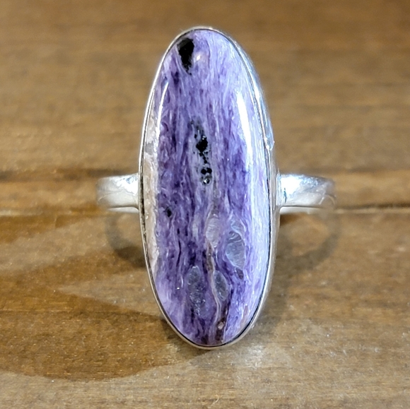 Handcrafted Jewelry - Native Russian Charoite Gemstone Ring 8 Sterling Silver Boho Size Womens Jewelry